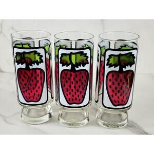 Libbey Strawberry Pedestal Tumbler Glass 16oz Retro 80's 6 1/2" x3 Vintage
